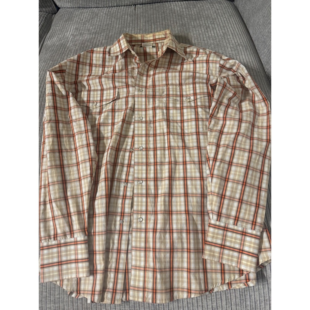 Wrangler Mens XL Orange Tan Plaid Western Snap Front Cotton Shirt MWR080M